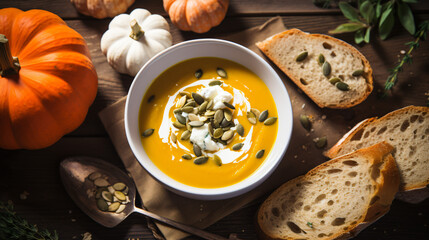 Flatlay of fresh pumpkin soup garnished with sour.