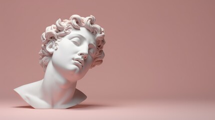 Ancient Greek male head Sculpture goddess with pink pastel background with Copy space. Antique Statue of a Man in profile. Empty place for your text. Minimalistic aesthetic modern trendy y2k style.