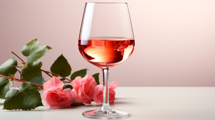 red rose in glass and bottle of wine with white wine on the windowsill. romantic background.