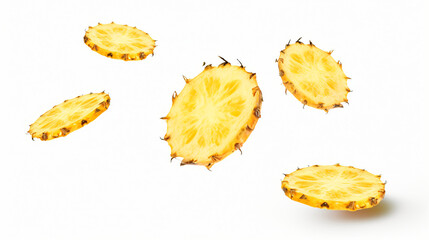 Flying pineapple slices isolated on white background