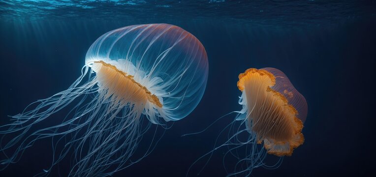 jelly fish in the aquarium.An otherworldly sight an Atolla jellyfish radiating its bioluminescent display in the deep, mysterious blue waters of the ocean