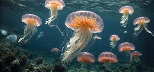 jelly fish in the aquarium.jellyfish of various sizes and species drift like delicate blossoms, creating a haven of tranquility and beauty - obrazy, fototapety, plakaty