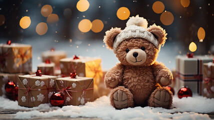 Teddy bear sitting on snow with christmas gift boxes on bokeh background