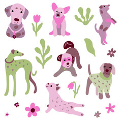 Cute dogs vector set with plants. Cartoon dogs collection in pink and green colors. Set of funny pet animals isolated on white background.