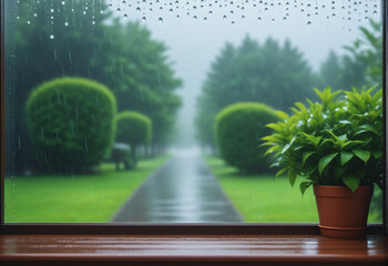 Rainy day outside the window with green view