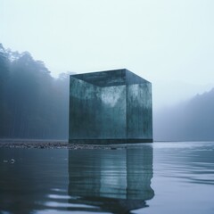 Un cuadrado gigante y transparente en mitad de un lago con niebla densa - obrazy, fototapety, plakaty