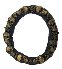 Black frame with gilded skulls in Gothic style isolated on transparent or white background, png	
