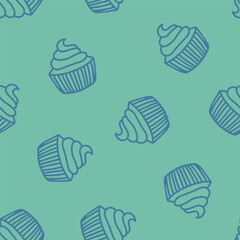 Green seamless pattern with blue cupcakes