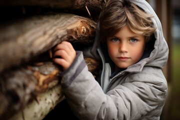 Portrait of a cute little boy in a warm jacket standing near a log house - Powered by Adobe