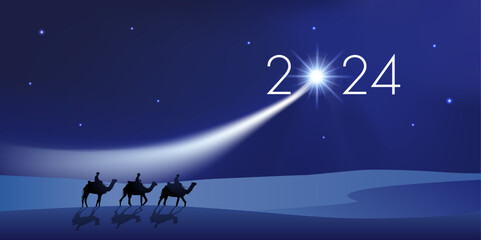 Carte de vœux 2024 montrant les trois rois mages à dos de dromadaire se dirigeant vers Bethléem avec des cadeaux pour célébrer la naissance de Jésus Christ. - obrazy, fototapety, plakaty