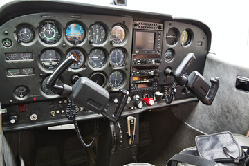 cockpit detail. Cockpit of a small aircraft - obrazy, fototapety, plakaty