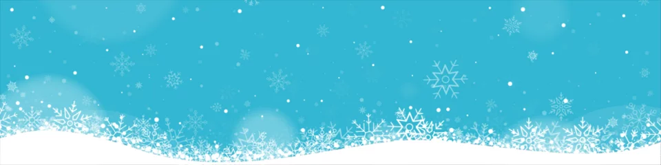 Fotobehang Bannière - Neige qui tombe - Illustrations de flocons de neige sur fond bleu - Arrière-plan pour les fêtes de fin d'année et les vacances d'hiver - Paysage hivernal enneigé - Vecteur éditable © Manon