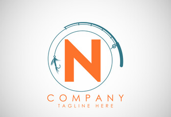 Initial alphabet N with fishing rod and hook. Fishing logo concept vector illustration.