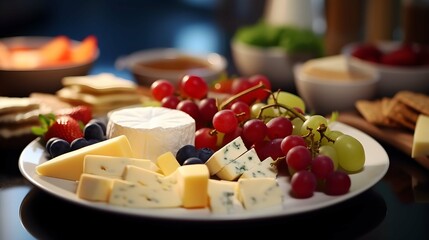 A plate with a cheese and fruit snack. - obrazy, fototapety, plakaty