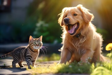 Happy dog ​​and cat playing together.
