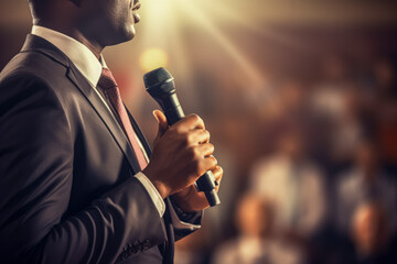 a compelling visual representation of a political leader close-up giving an inspiring and unifying speech to a diverse audience, capturing the essence of leadership