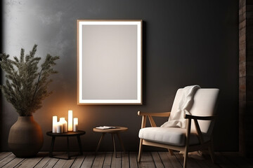 Modern living room interior with dark walls Concrete floor and poster frame mockup