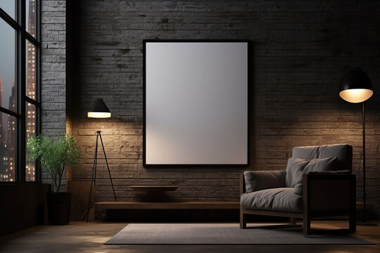 Modern living room interior with dark walls Concrete floor and poster frame mockup