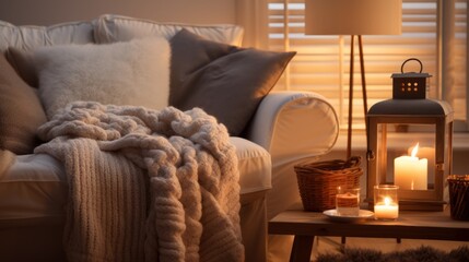 A cozy room with a soft blanket and many cushions.