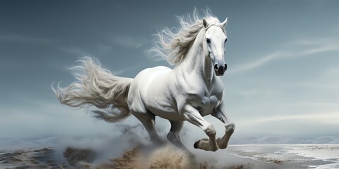 a white horse running in sand
