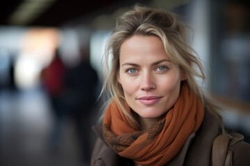 Portrait of a beautiful woman with scarf in the corridor of a shopping center