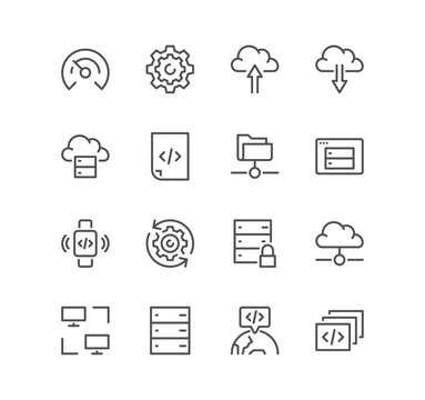 Set of hosting and web graphics related icons, cloud, data exchange, security, networking, infrastructure, database and linear variety vectors.