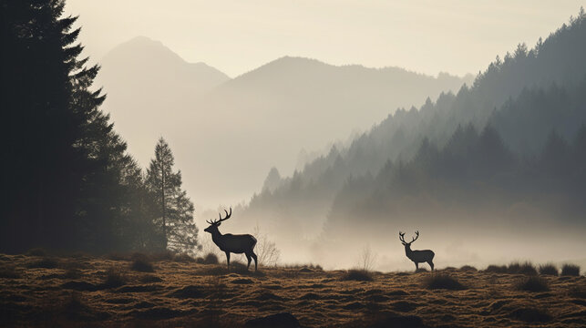 The silhouette of a deer on a plain in the mountains