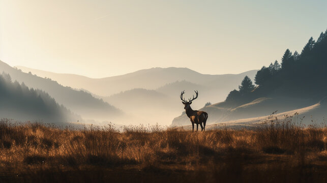 The silhouette of a deer on a plain in the mountains