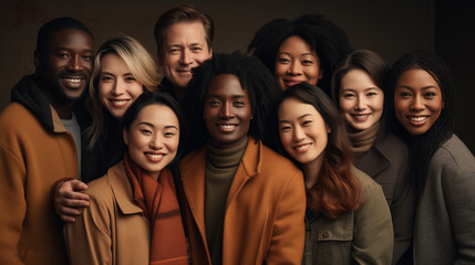 Unity of races and social classes. Multiracial group of people with black African-American Caucasian and Asian people . smiling together. 