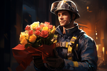 handsome fireman with flower bouquet. congratulations for a woman. copy space