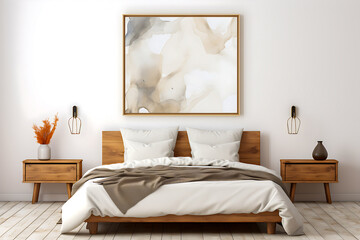Empty poster mockup within a bedroom designed in a Scandinavian style, featuring furniture
