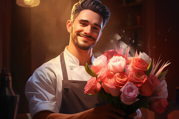 handsome chef man with flower bouquet. congratulations for a woman. copy space