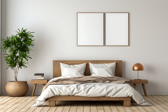 Empty poster mockup within a bedroom designed in a Scandinavian style, featuring furniture