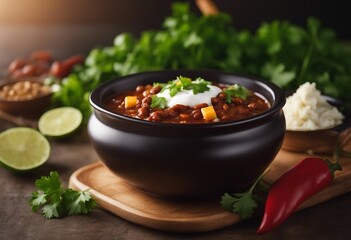 Chili in a bowl topped with cheese sour cream and cilantro