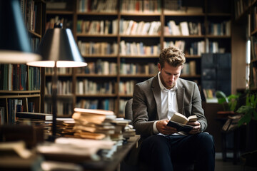  A man comfortably reading a book, in library setting - obrazy, fototapety, plakaty