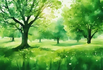 Fotobehang Green trees watercolor border springtime landscape © ArtisticLens