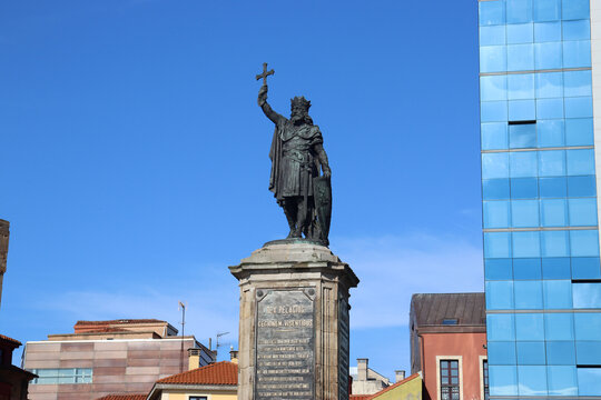 GIJON, SPAIN - JULY 27, 2023: Sculpture of King Don Pelayo in Gijon