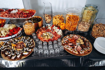 Catering buffet with different food snacks. Food styling and restaurant meal serving