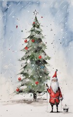  watercolor painting of Santa Claus in front of a Christmas tree