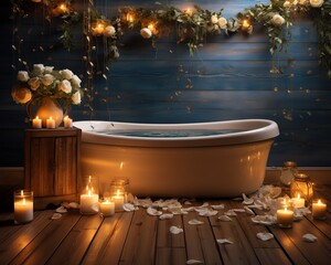 a bathtub with candles and flowers