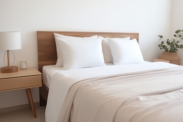 a bed with white sheets and pillows - obrazy, fototapety, plakaty