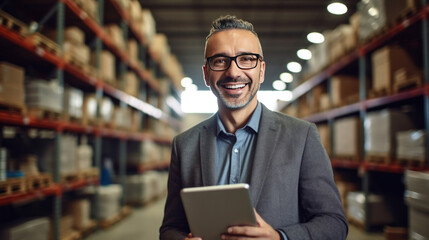 A happy salesman stand holding tablet in large warehouse.