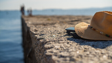 summer vacation, blue water and accessories for beach holidays