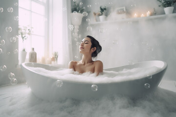 A woman soaking in a luxurious bath with candles