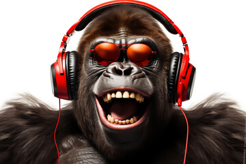 Smiling Gorilla with Headphones, Sunglasses, and White Background - obrazy, fototapety, plakaty