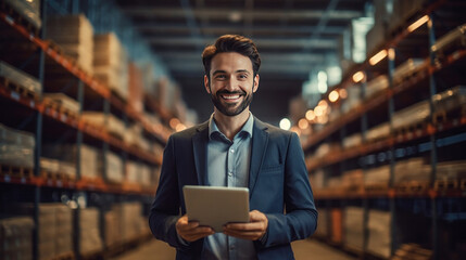 A happy salesman stand holding tablet in large warehouse. - obrazy, fototapety, plakaty