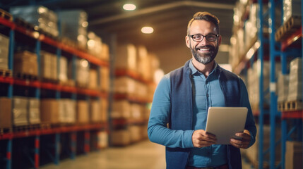 A happy salesman stand holding tablet in large warehouse.