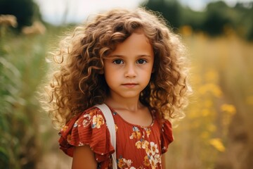 Portrait of a little girl with curly hair in a field.