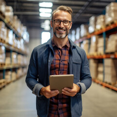 A happy salesman stand holding tablet in large warehouse.