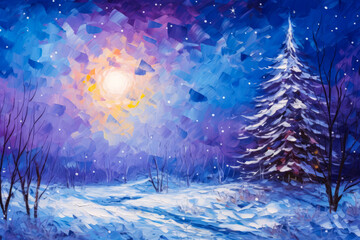 Canvas oil painting. Colorful winter night. Glittering snowfall. Artistic brushwork